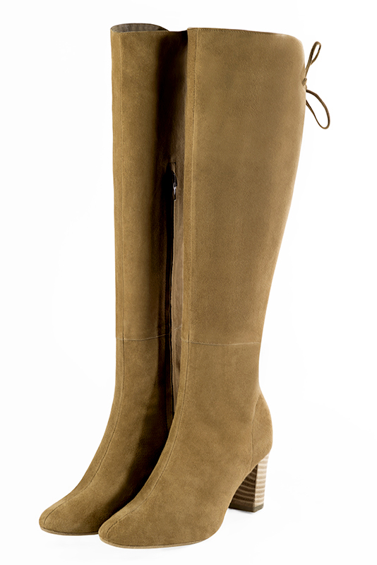 Camel beige women's knee-high boots, with laces at the back. Round toe. Medium block heels. Made to measure. Front view - Florence KOOIJMAN